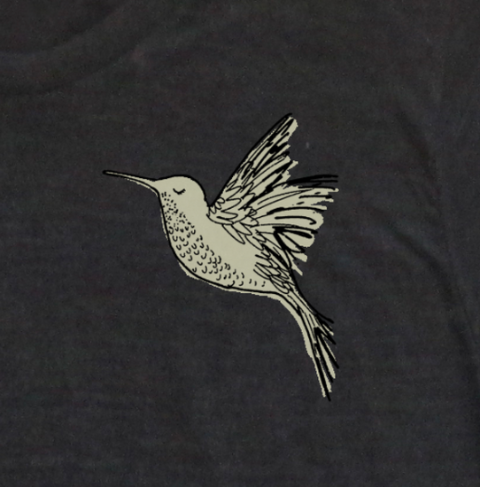 A stylized illustration of a hummingbird in flight against a dark background.