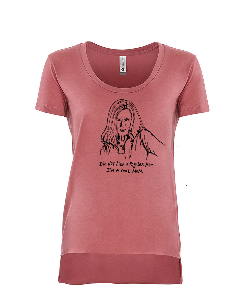 A pink t-shirt with a black and white illustration of a woman and text below the illustration.