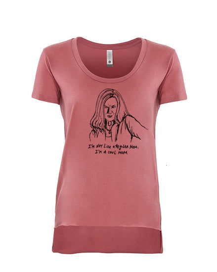 A pink t-shirt with a black and white illustration of a woman and text below the illustration.