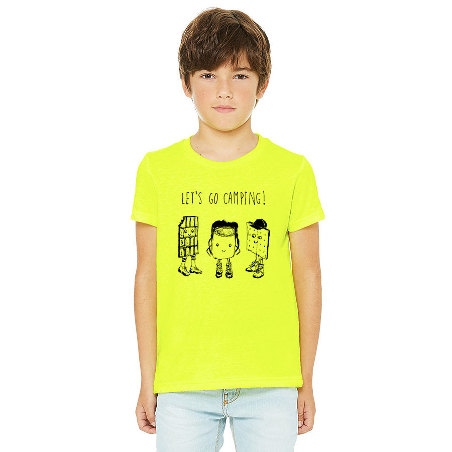 A young boy wearing a bright yellow t-shirt with a cartoon character and text printed on it.