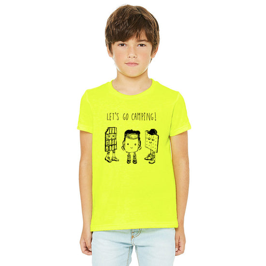 A young boy wearing a bright yellow t-shirt with a cartoon character and text printed on it.