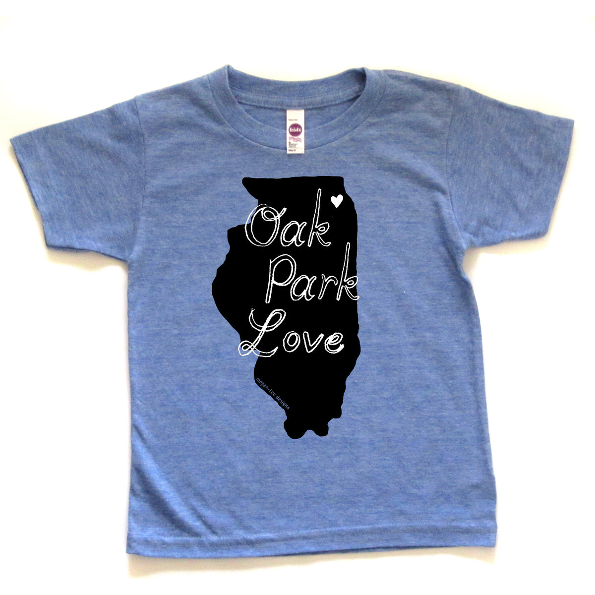 A blue t-shirt with a graphic design of the state of Illinois and the text "OAK PARK LOVE" printed on it.