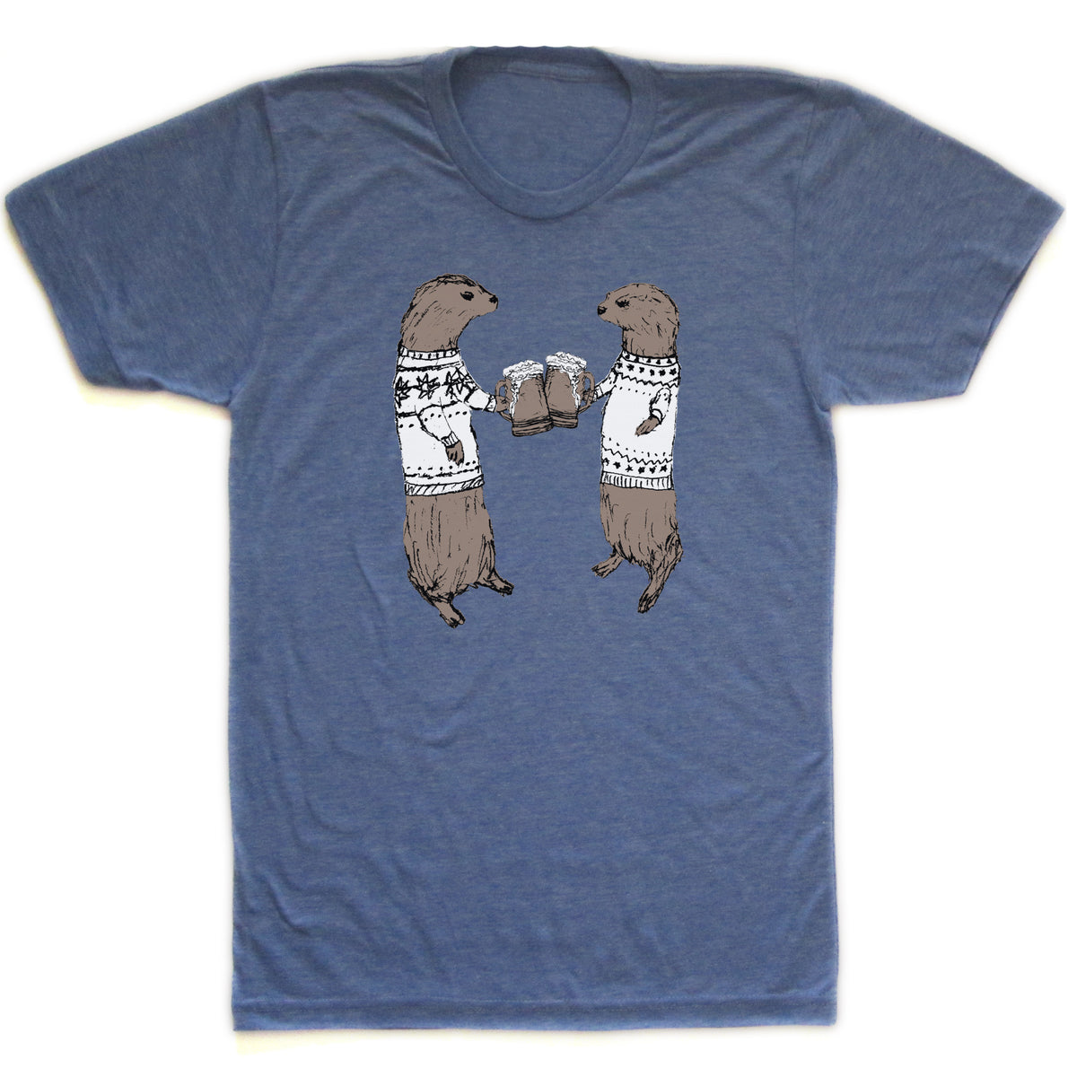 A blue t-shirt with a graphic design depicting two otters wearing sweaters and holding beer glasses, appearing to be enjoying a casual social gathering.