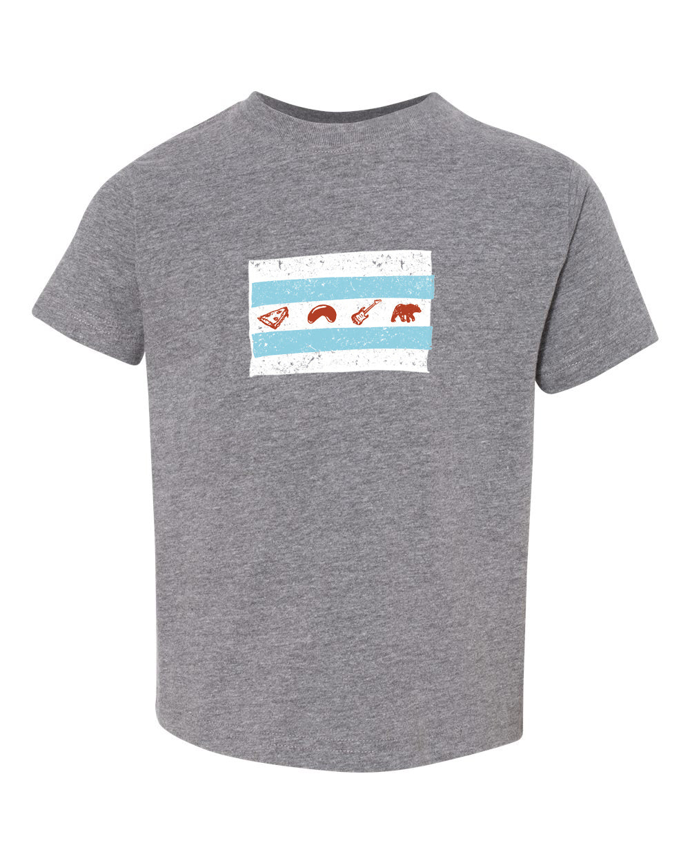 A gray t-shirt with a graphic design featuring a blue and white striped flag with various symbols, including a bear, a guitar, and a bird.