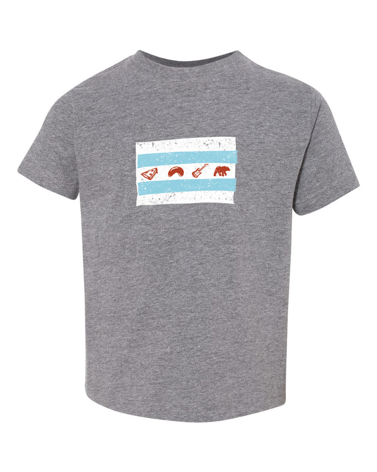 A gray t-shirt with a graphic design featuring a blue and white striped flag with various symbols, including a bear, a guitar, and a bird.