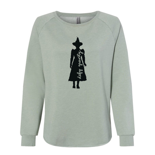 A gray sweatshirt with a black silhouette of a person wearing a hat and a long skirt printed on it.