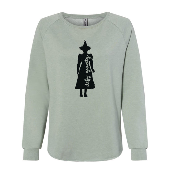A gray sweatshirt with a black silhouette of a person wearing a hat and a long skirt printed on it.
