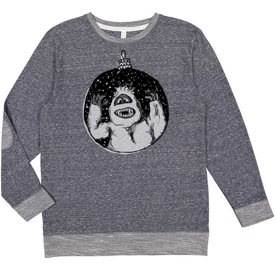 A gray sweatshirt with a graphic design depicting a monster or monster-like creature inside a circular shape.