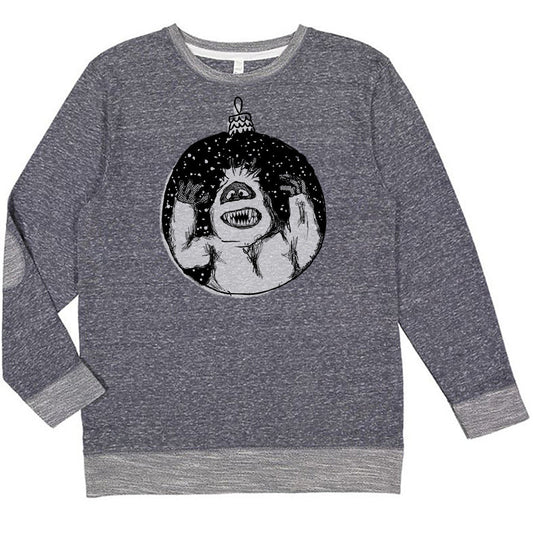 A gray sweatshirt with a graphic design depicting a monster or monster-like creature inside a circular shape.