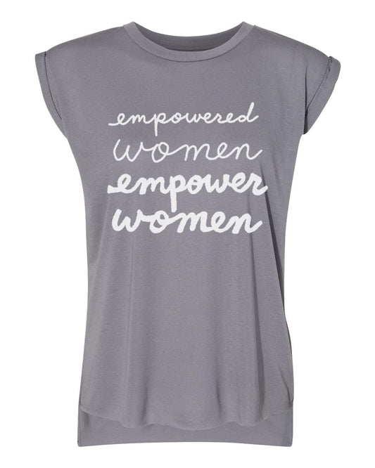 a gray t-shirt with the text "empowered women empower women" printed on it in white lettering.