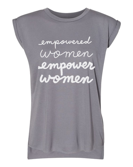 a gray t-shirt with the text "empowered women empower women" printed on it in white lettering.