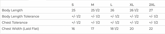 a table with various sizes listed, including S, M, L, and XL, along with corresponding body length, chest tolerance, and chest width measurements.