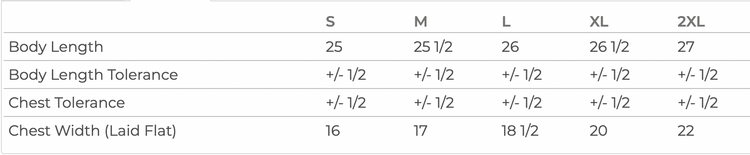 a table with various sizes listed, including S, M, L, and XL, along with corresponding body length, chest tolerance, and chest width measurements.