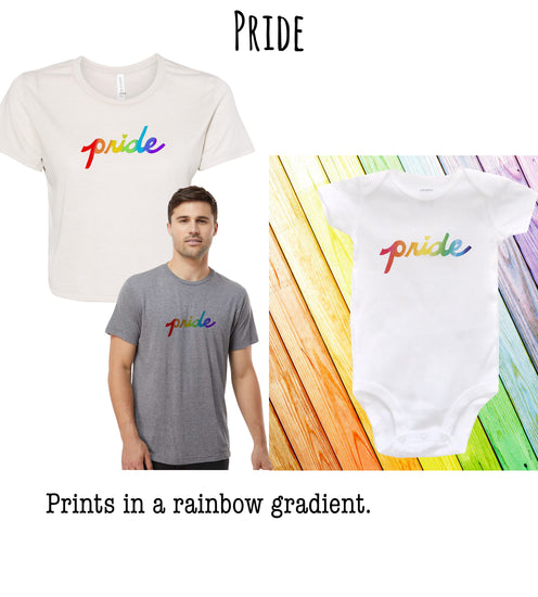The image is a collage of three images: a man wearing a gray t-shirt with the word "Pride" printed on it, a baby onesie with the word "Pride" printed on it, and a wooden background with a rainbow gradient.