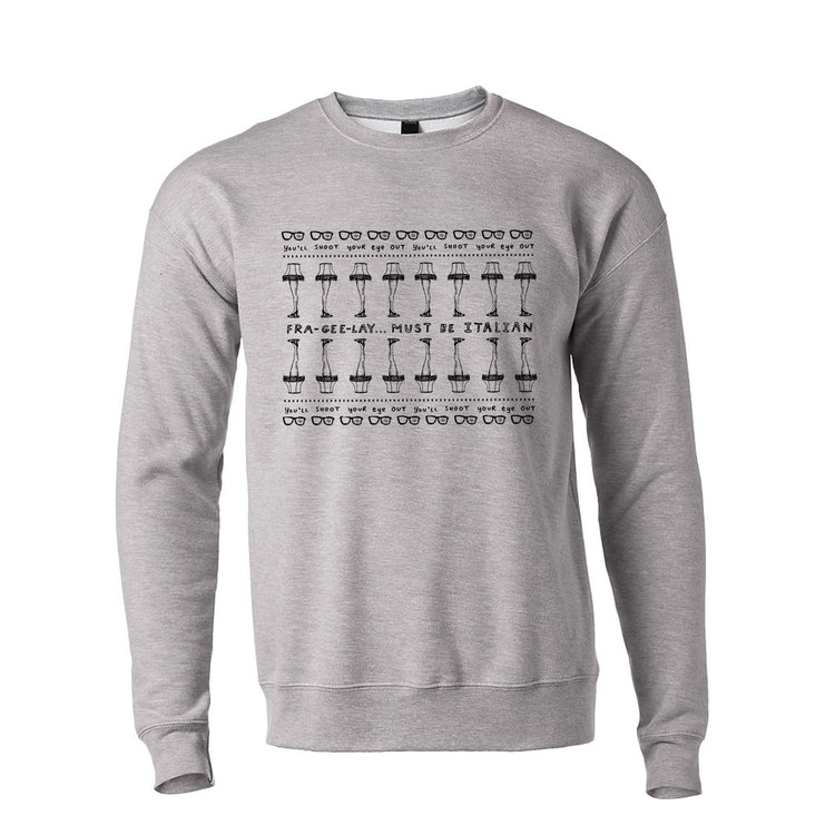 A gray sweatshirt with a repeating pattern of black silhouettes of glasses and the text "FRAME-GEE-LAY. MUST BE ITALIAN" printed on it.