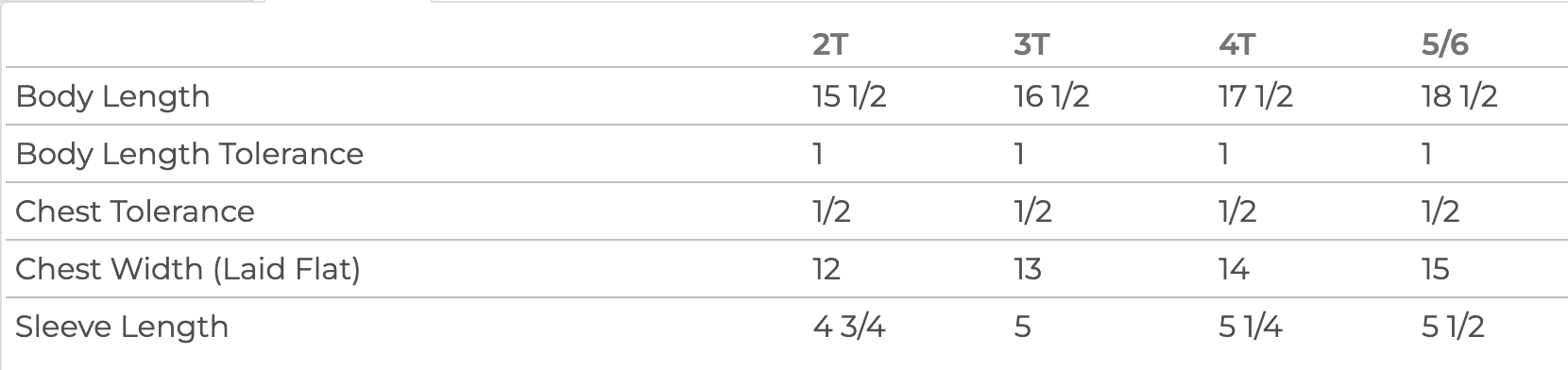 a table with various measurements and corresponding body length tolerance values. The table includes measurements for body length, chest width, chest tolerance, and sleeve length. The table provides a clear and organized way to compare different measurements and their corresponding tolerance values.