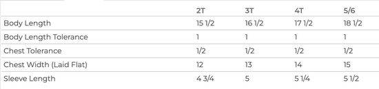 a table with various measurements and corresponding body length tolerance values. The table includes measurements for body length, chest width, chest tolerance, and sleeve length. The table provides a clear and organized way to compare different measurements and their corresponding tolerance values.