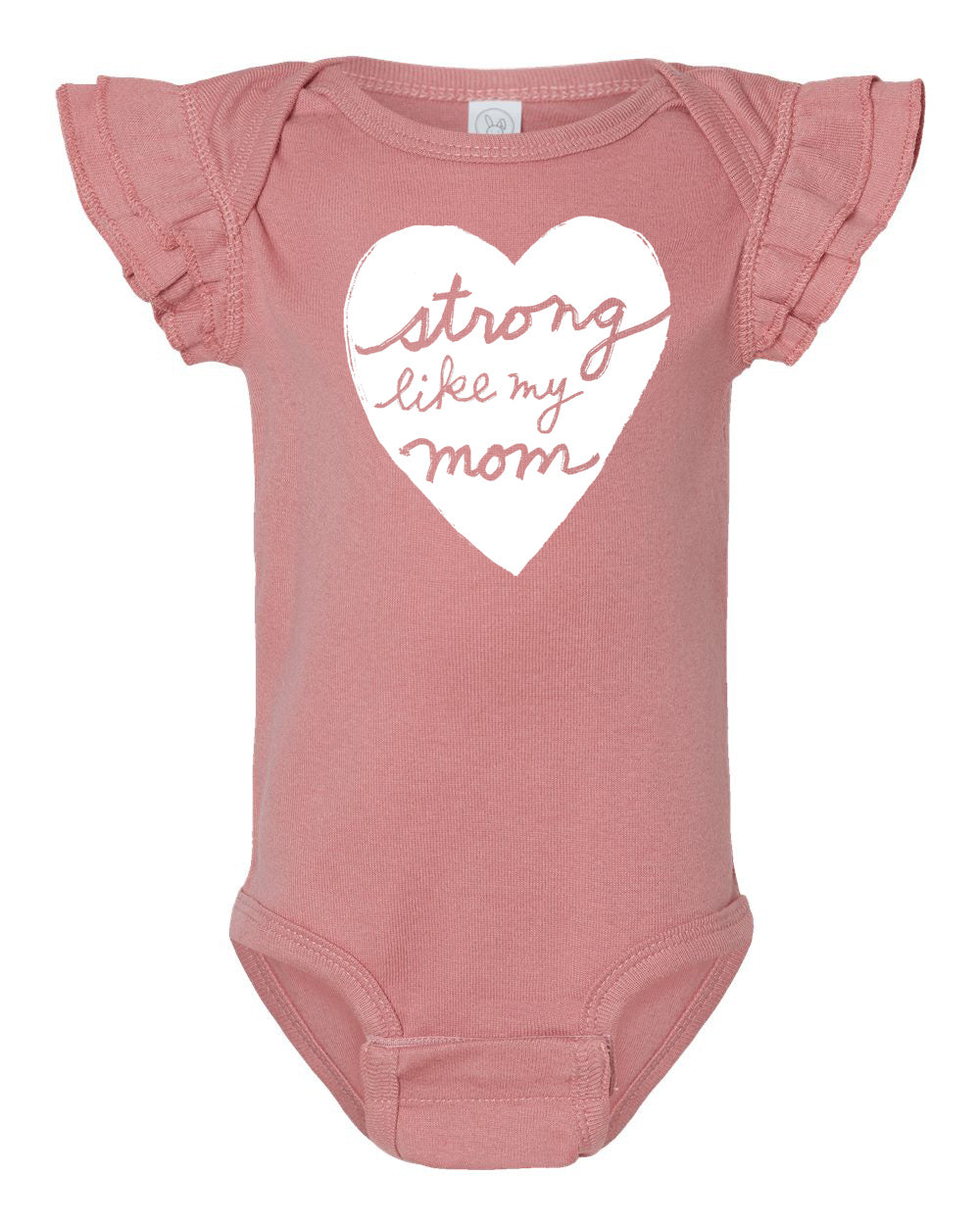 A pink baby onesie with a heart-shaped design and the text "Strong like my mom" printed on it.