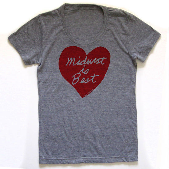 A gray t-shirt with a red heart-shaped graphic and the text "Midwest to Best" printed on it.