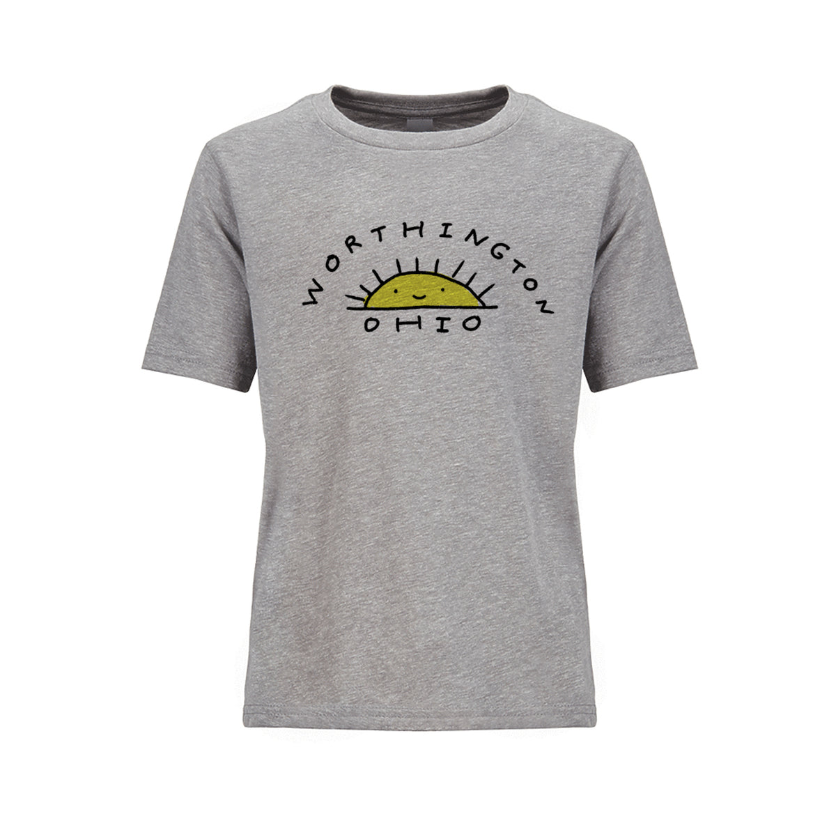 A gray t-shirt with a graphic design featuring a sun and the text " WorthINGTON OHIO" printed on it.