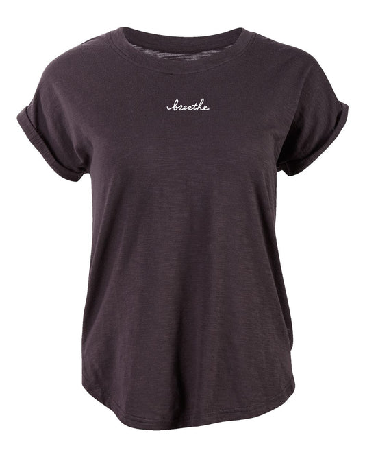 A dark purple t-shirt with the word "breathe" printed in white on the front.
