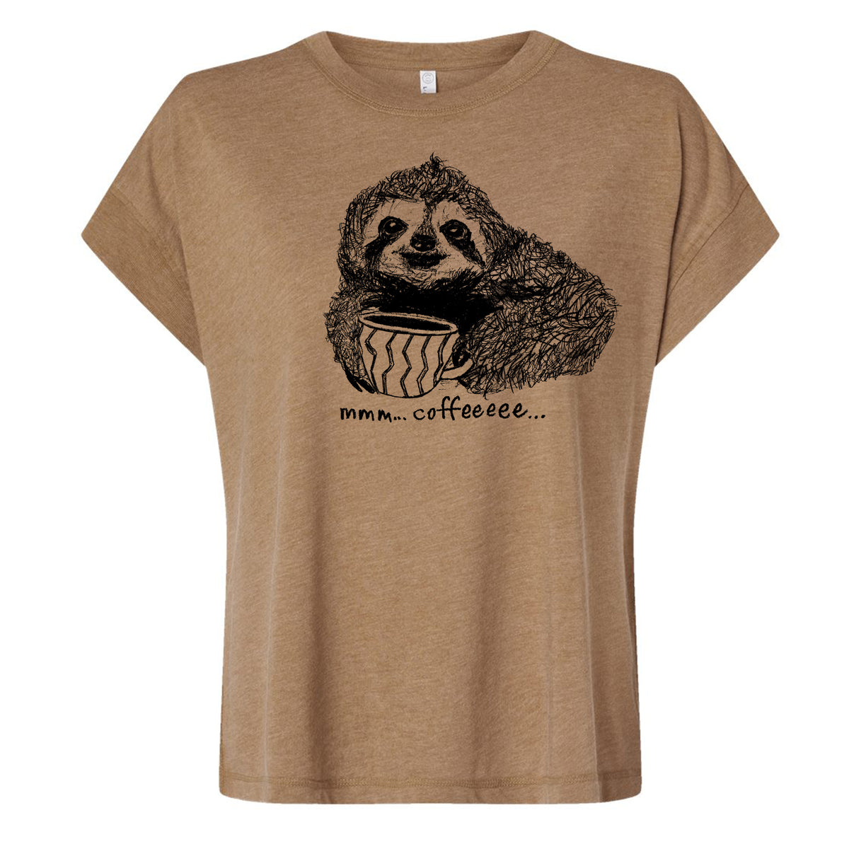 A t-shirt with a sloth holding a cup of coffee and the text "mmm...coffee..." printed on it.