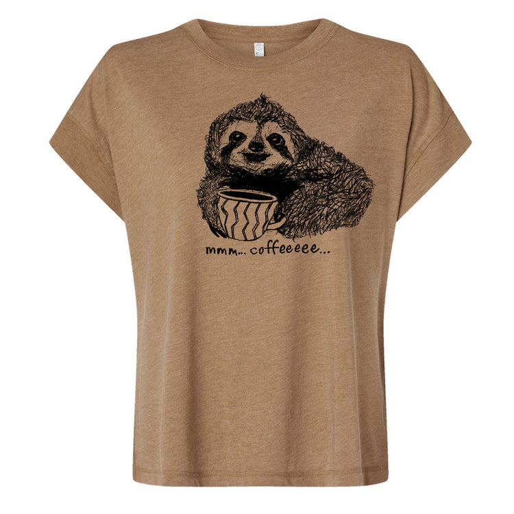 A t-shirt with a sloth holding a cup of coffee and the text "mmm...coffee..." printed on it.