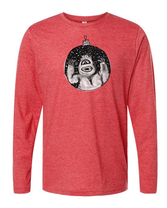 a red shirt with a gorilla wearing a christmas ornament