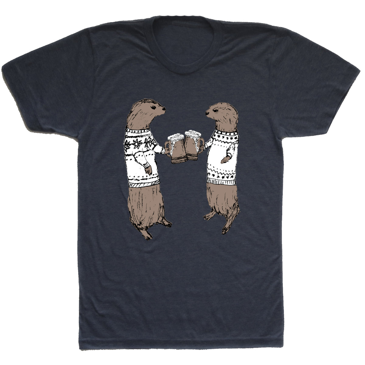 A black t-shirt with a graphic design depicting two otters wearing sweaters and holding beer glasses, appearing to be enjoying a drink together.