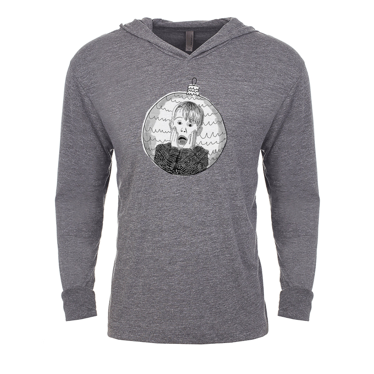 A gray hooded sweatshirt with a graphic design featuring a person's face inside a circular frame.
