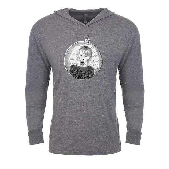 A gray hooded sweatshirt with a graphic design featuring a person's face inside a circular frame.