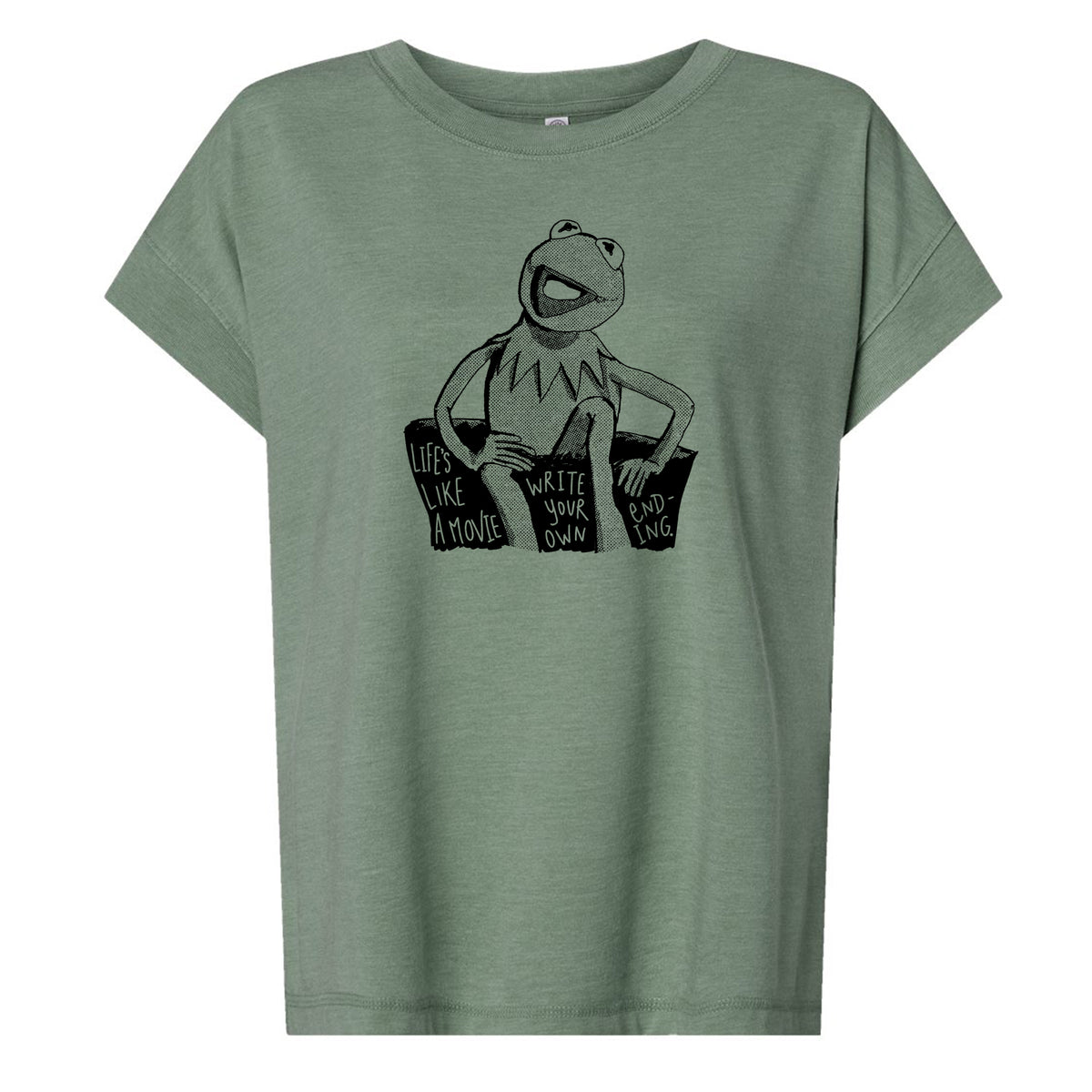 A green t-shirt with a graphic design featuring a frog character and text that reads "Life's like a movie, write your own ending".