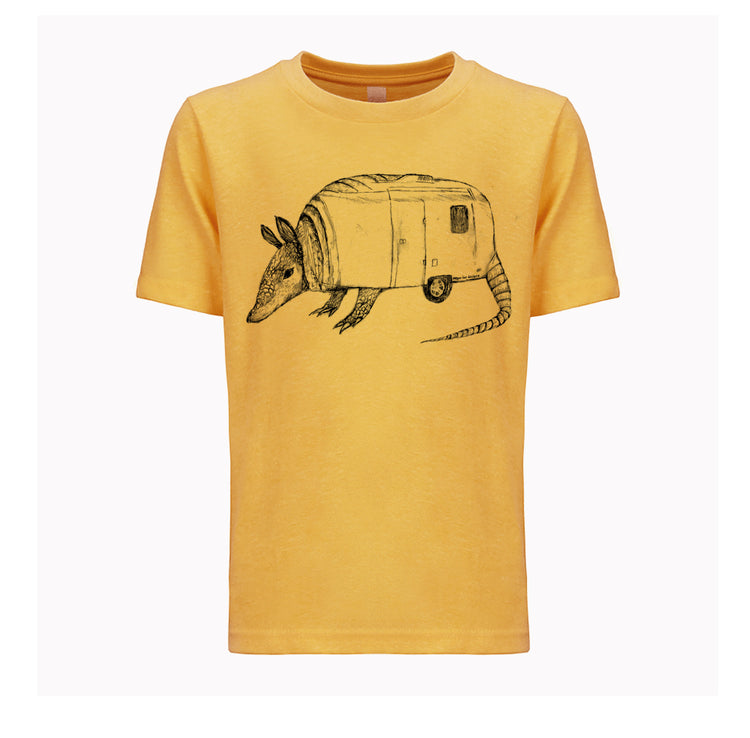 A yellow t-shirt with a black and white illustration of an armadillo on it.