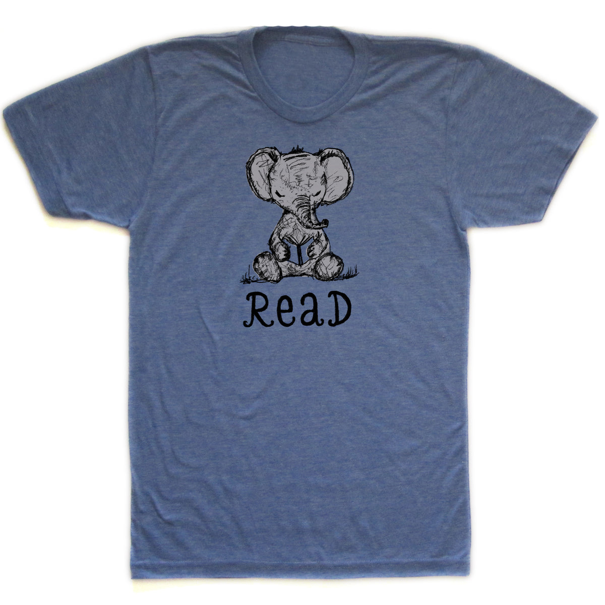 A blue t-shirt with a cartoon elephant and the text "Read" printed on it.