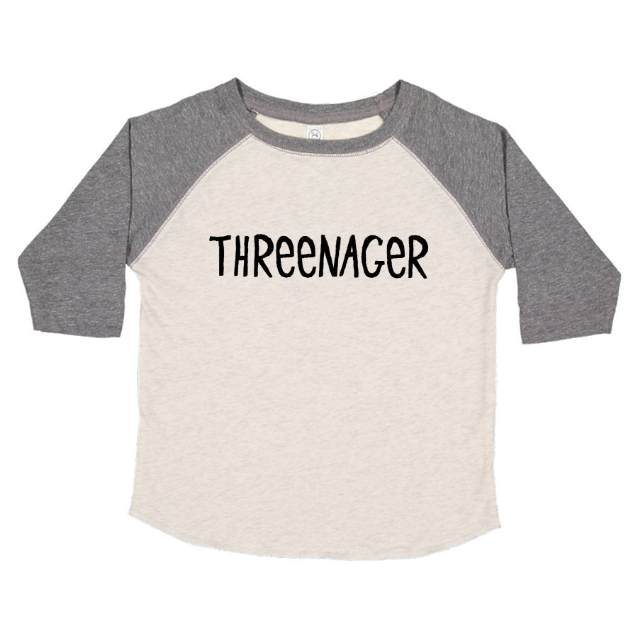 A gray and white long-sleeved shirt with the text "THREENAGER" printed on it.