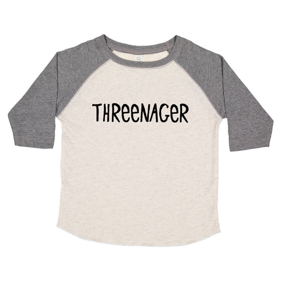 A gray and white long-sleeved shirt with the text "THREENAGER" printed on it.