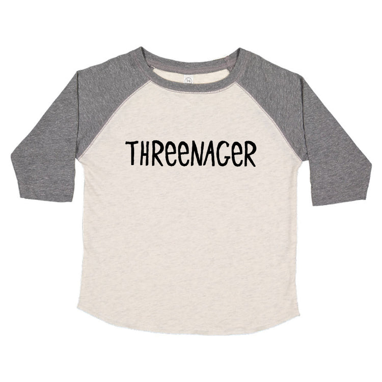 A gray and white long-sleeved shirt with the text "THREENAGER" printed on it.