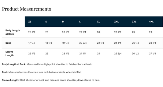 a table with measurements for different sizes of clothing, including bust, sleeve, and waist sizes. The table provides the corresponding measurements for each size, such as 25/2, 26, and 27/4.