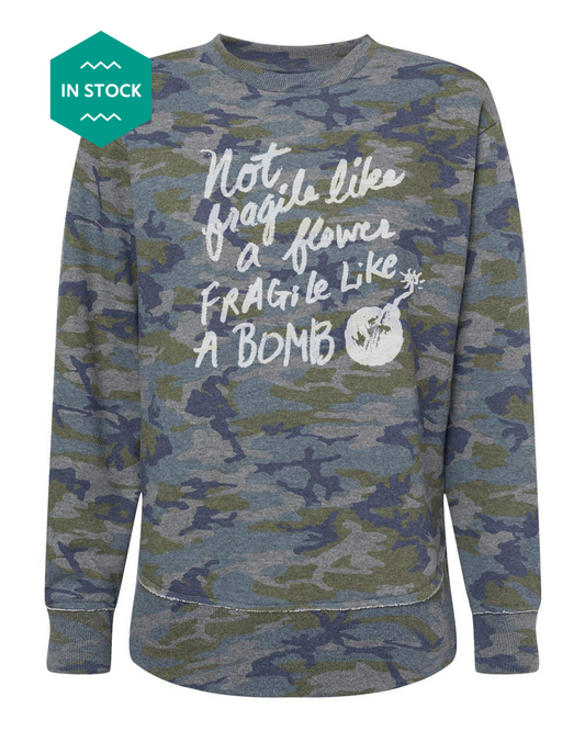 a camo sweatshirt with a slogan on it