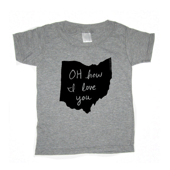 A gray t-shirt with a black graphic design depicting the Ohio state shape and the text "OH how I love you" printed on it.