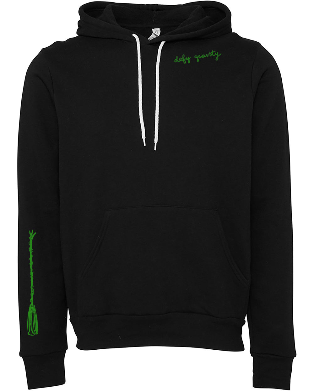 A black hoodie with a green text logo on the front.