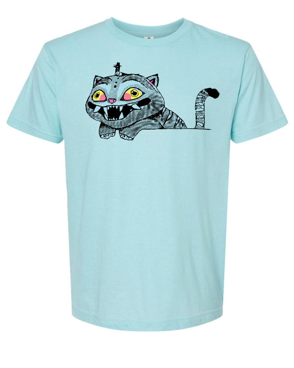 A light blue t-shirt with a cartoon cat graphic on it.