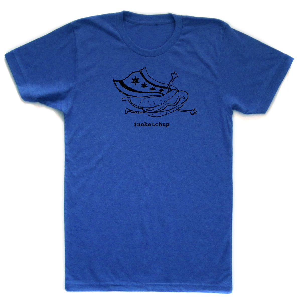 A blue t-shirt with a black graphic design depicting a person with a flag or emblem on their chest.