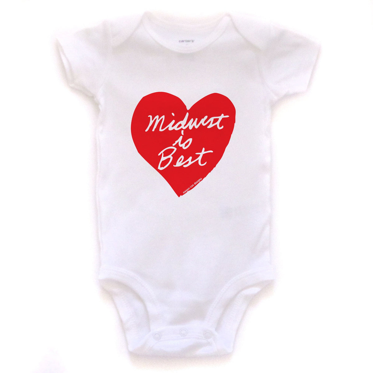 A white baby onesie with a red heart-shaped graphic and the text "Midwest to Best" printed on it.