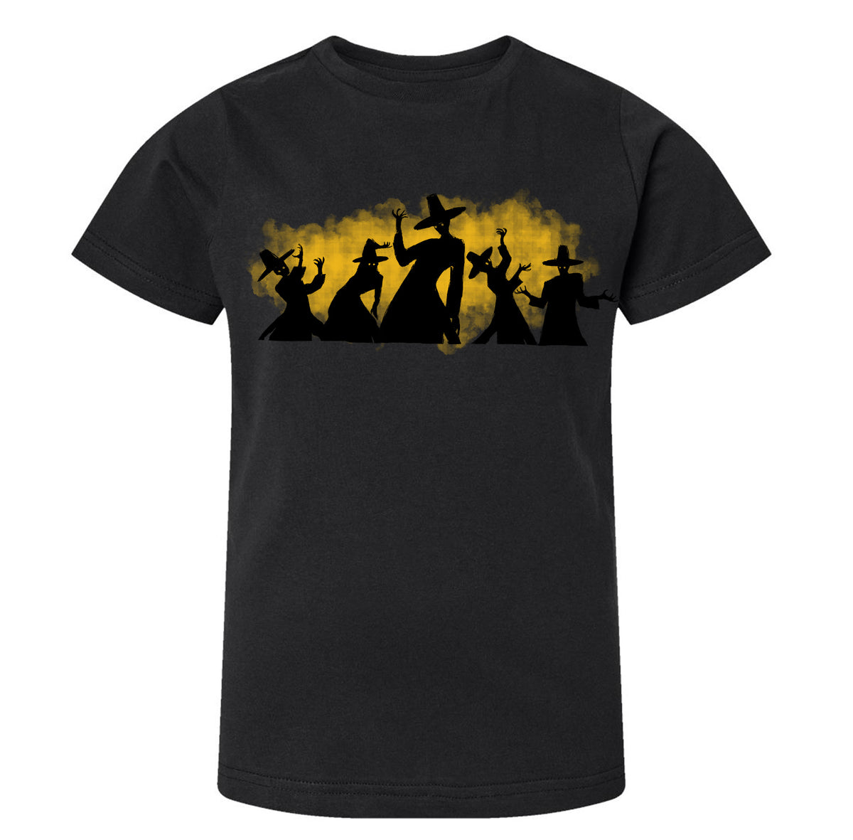 A black t-shirt with a graphic design depicting silhouettes of people wearing hats, with a yellow background.