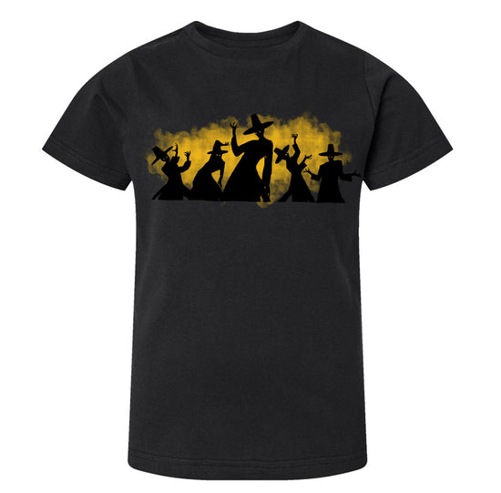 A black t-shirt with a graphic design depicting silhouettes of people wearing hats, with a yellow background.