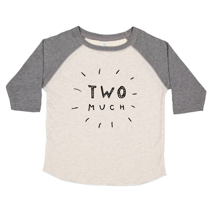 A gray and white long-sleeved shirt with a graphic design on the front that says "TWO MUCH".