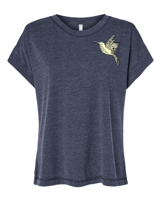 A gray t-shirt with a yellow bird embroidered on the left side.