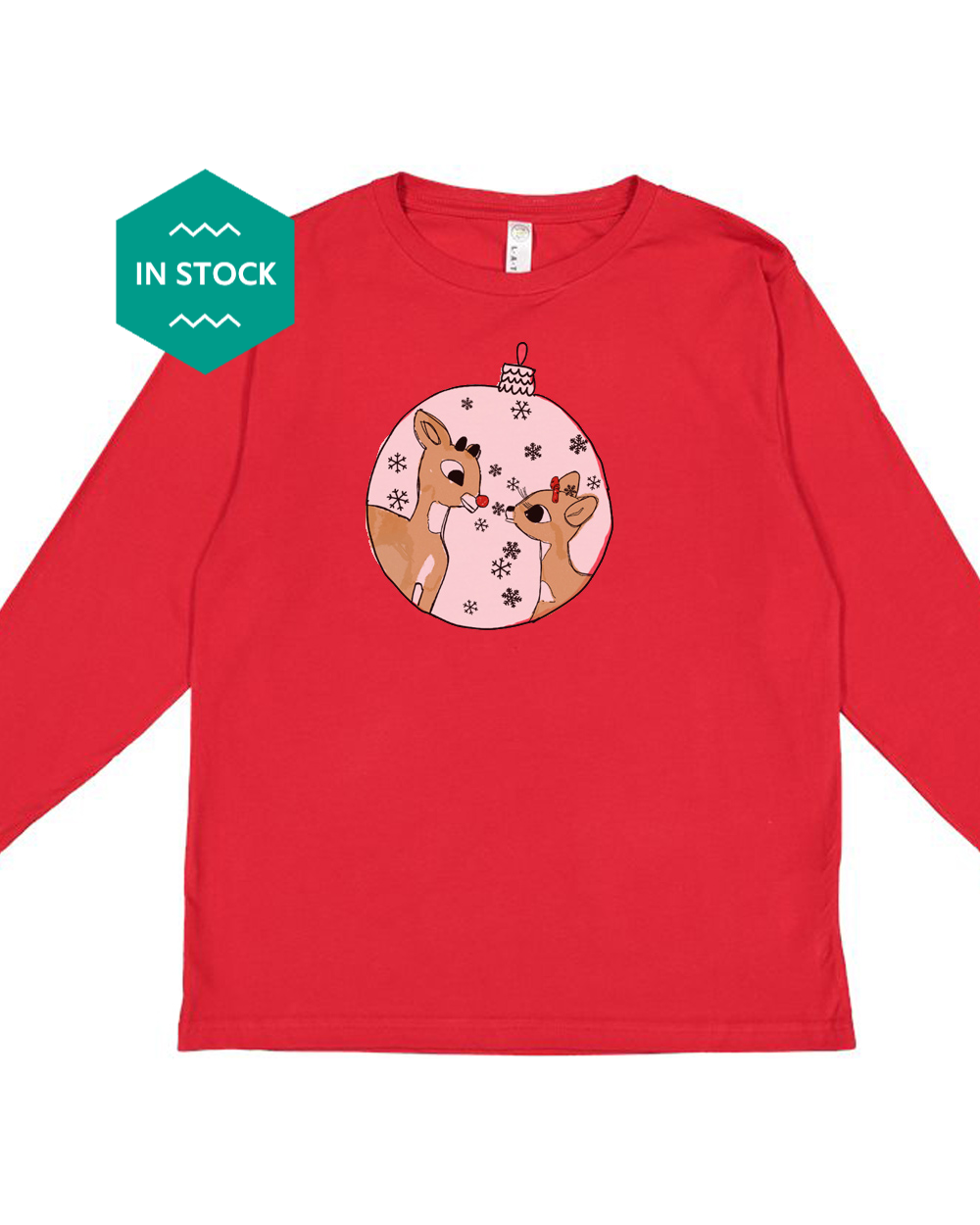 a red t - shirt with a christmas ornament on it