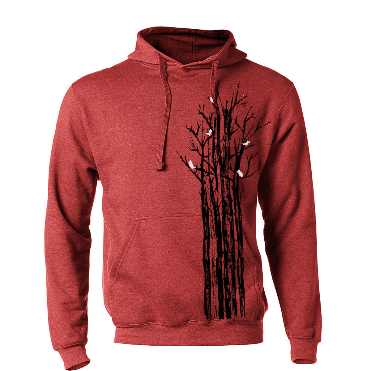 A red hoodie with a graphic design depicting a tree with black branches and white leaves.